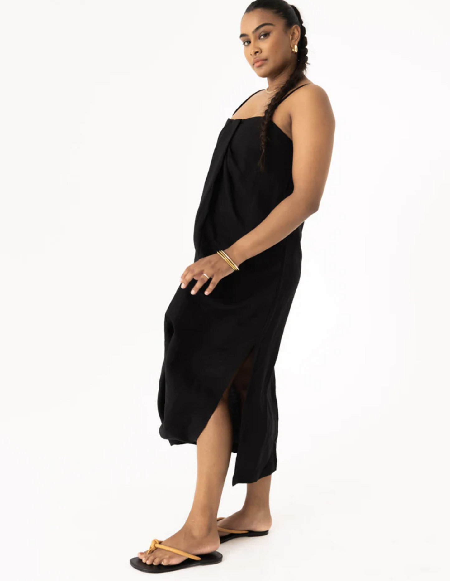 Pleated Linen Bra Dress - Black - Amira Clothing