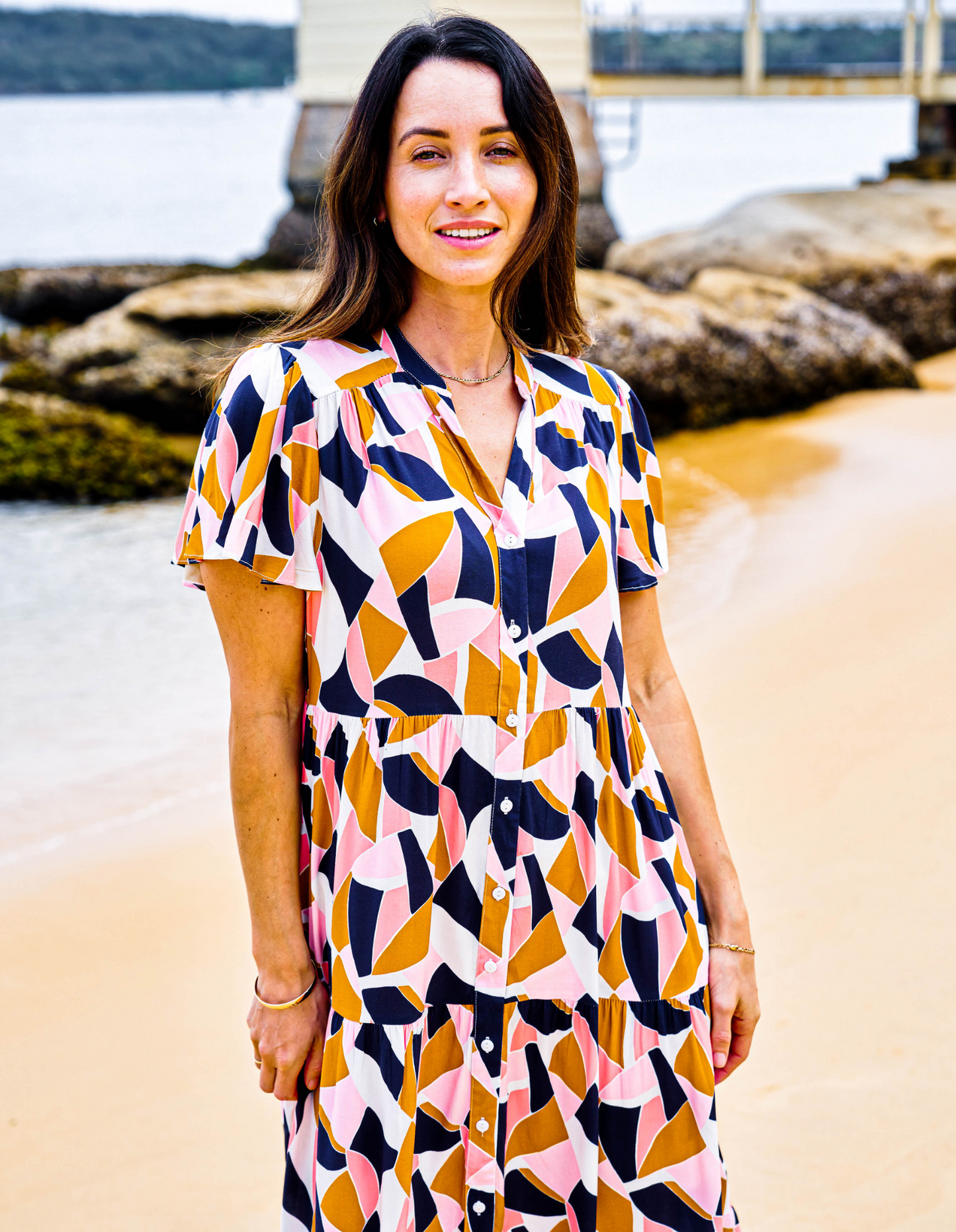 Niamh Midi Dress - Navy/Pink - Boho Australia