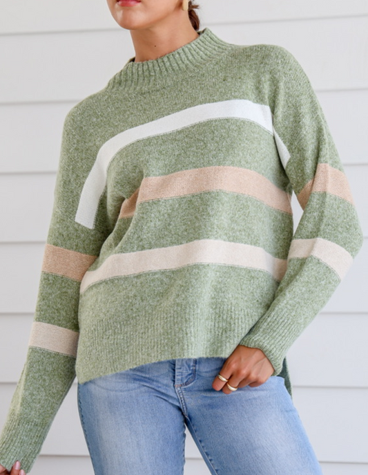 Cleveland Knit - Latte & Green Stripe