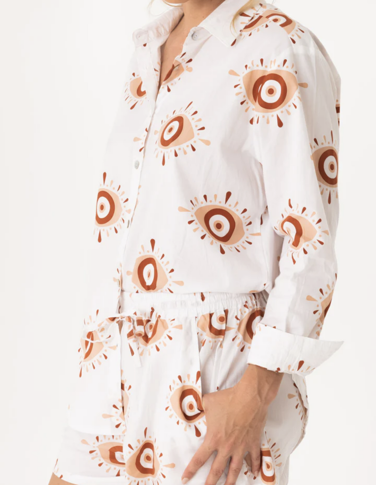 Cotton Button Up Blouse - Evil Eye Print - Amira Clothing