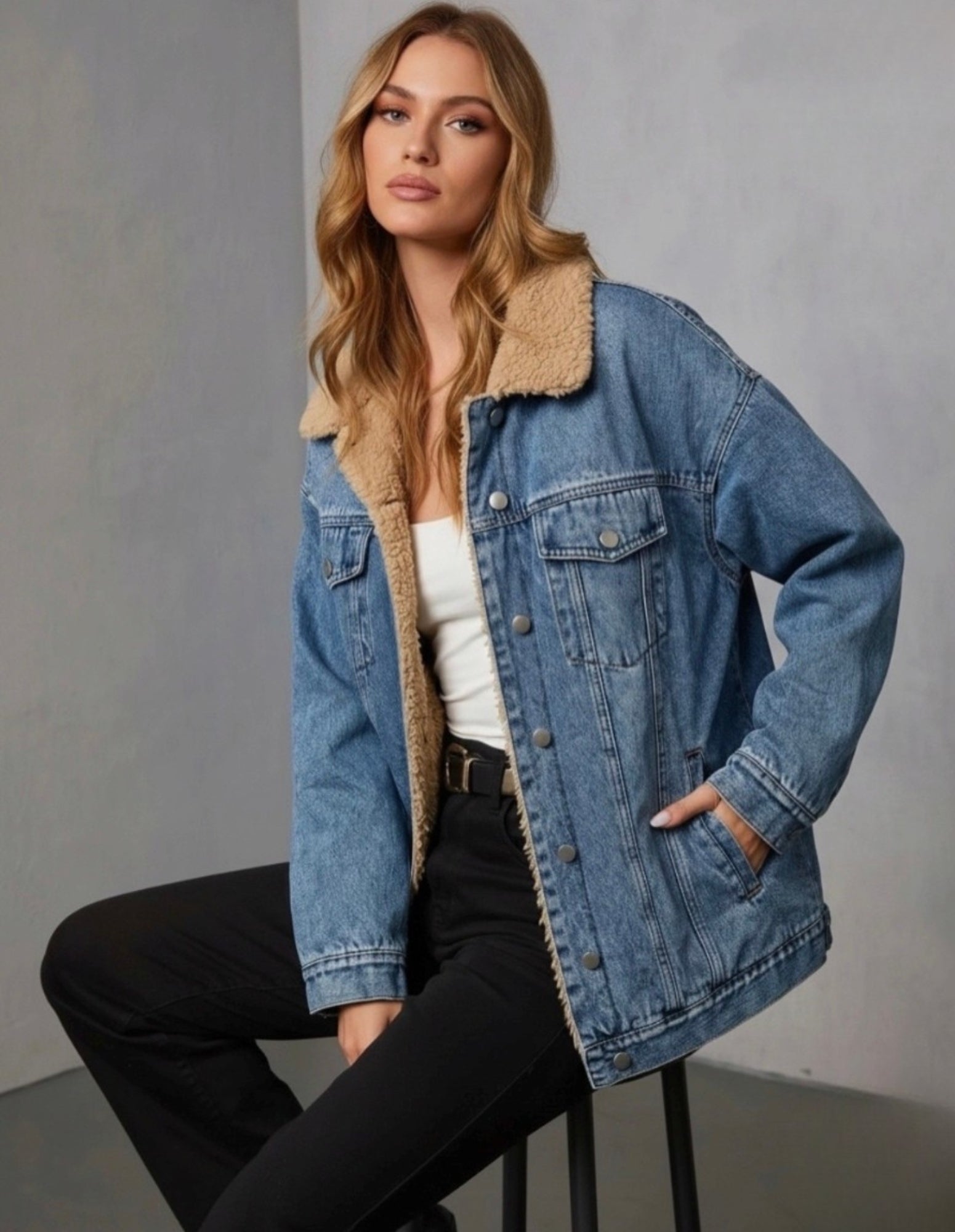 Fur Lined Boyfriend Denim Jacket - Washed Blue - Fudge Lifestyle