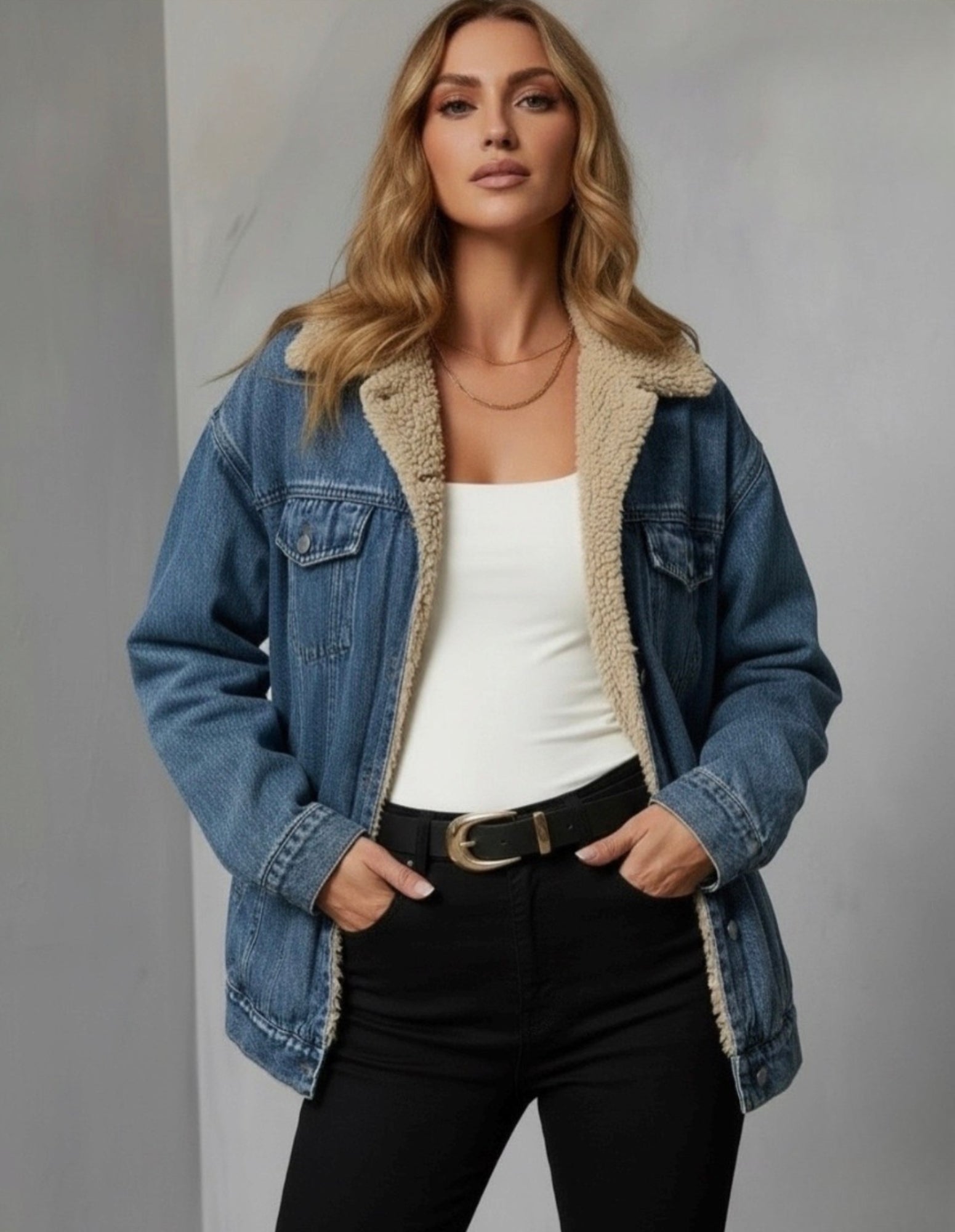 Fur Lined Boyfriend Denim Jacket - Washed Blue - Fudge Lifestyle