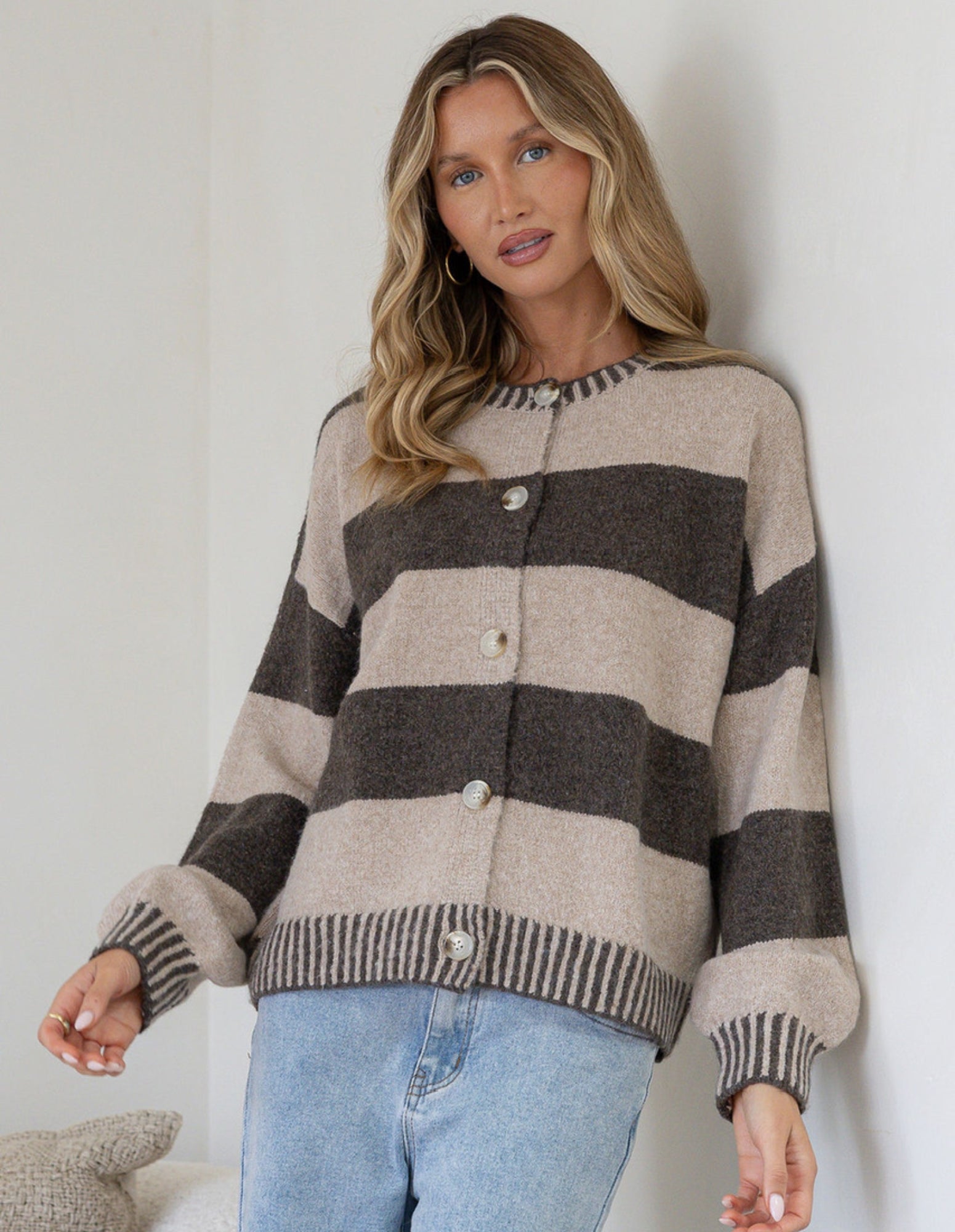 Maci Stripe Blanket Stitch Cardigan - Choc/Mocha - Miss Marlow