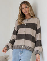 Maci Stripe Blanket Stitch Cardigan - Choc/Mocha - Miss Marlow