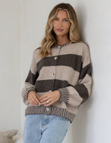 Maci Stripe Blanket Stitch Cardigan - Choc/Mocha - Miss Marlow