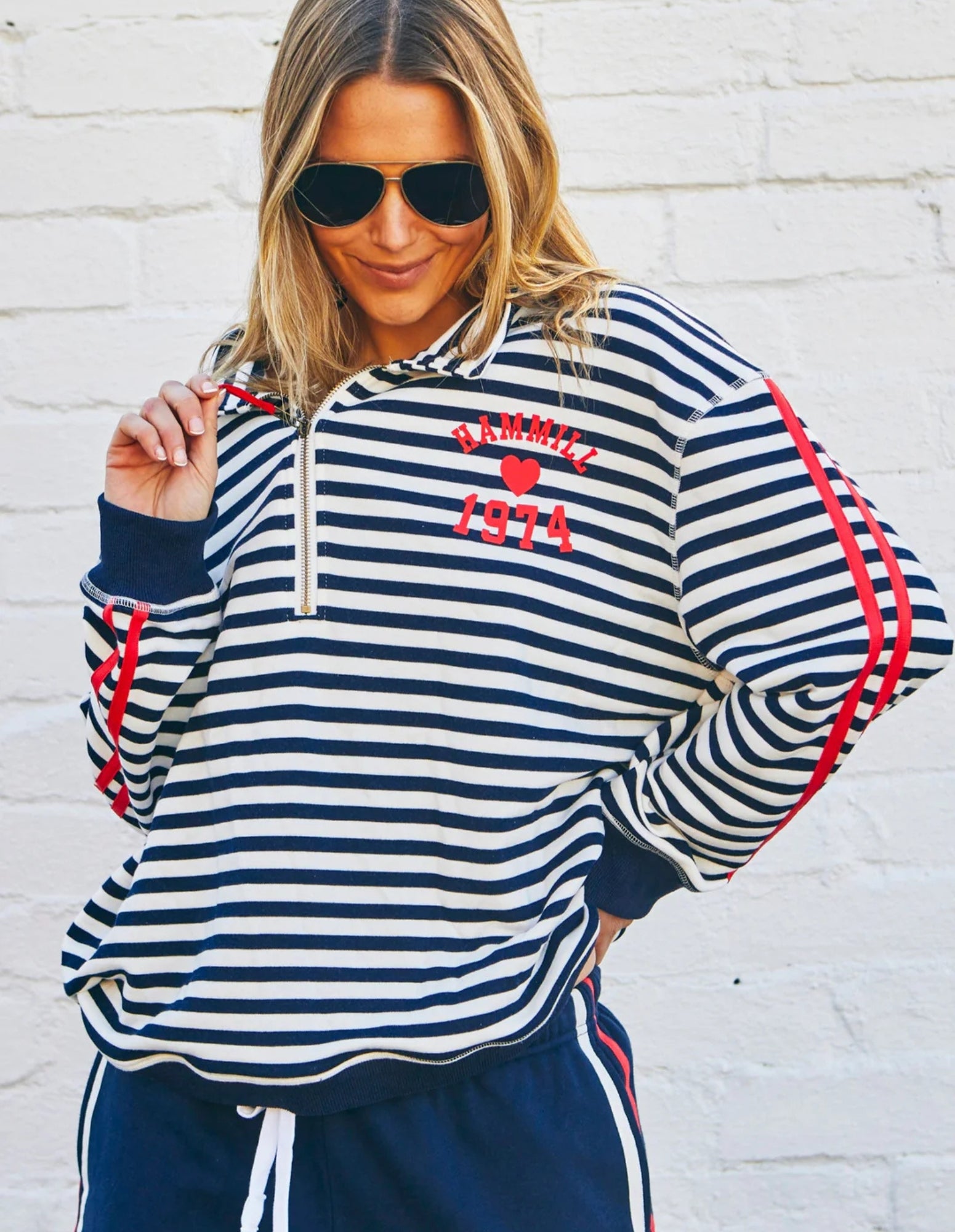 Retro Stripe Collard Zip Sweat - Navy/White - Hammill and Co