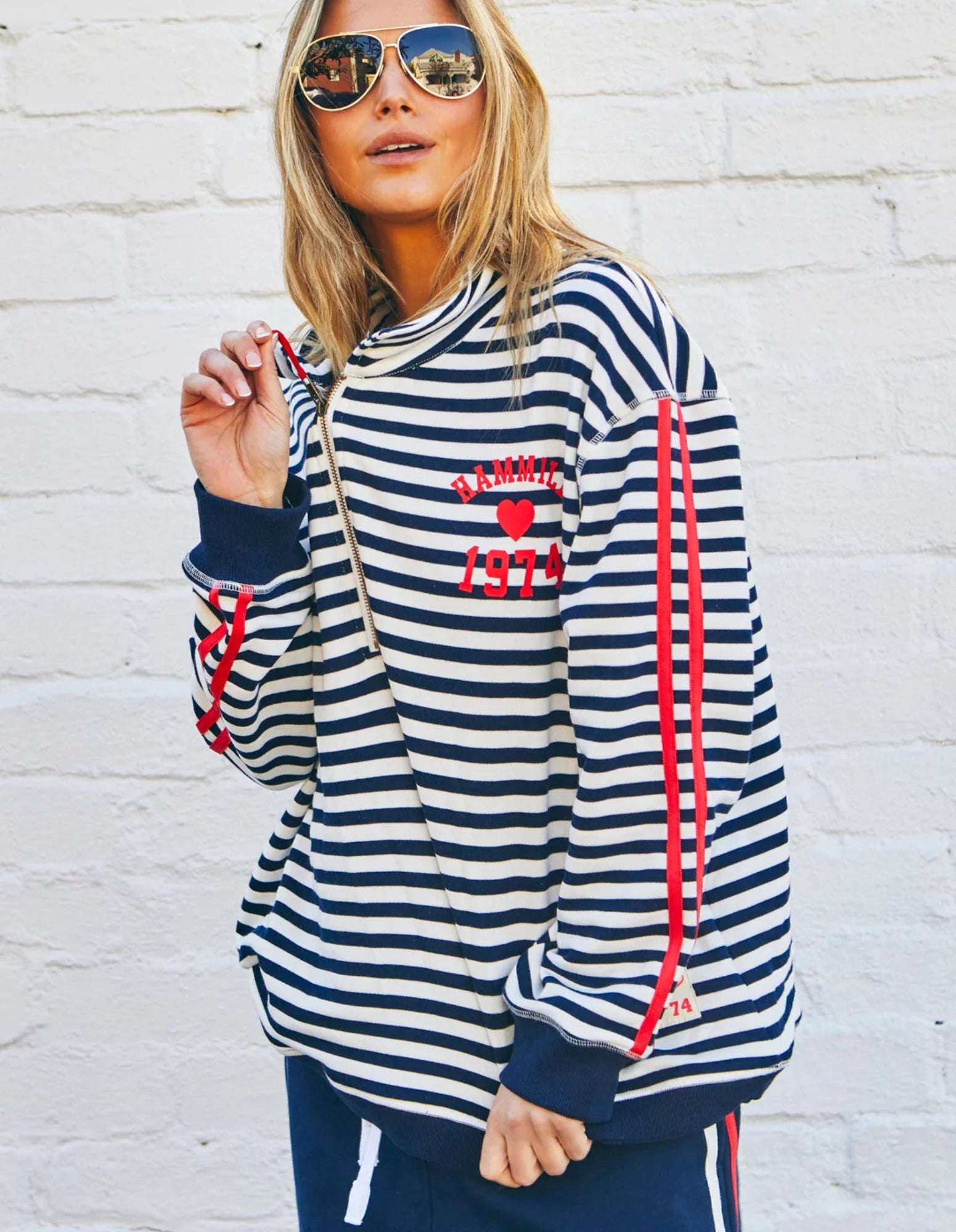 Retro Stripe Collard Zip Sweat - Navy/White - Hammill and Co