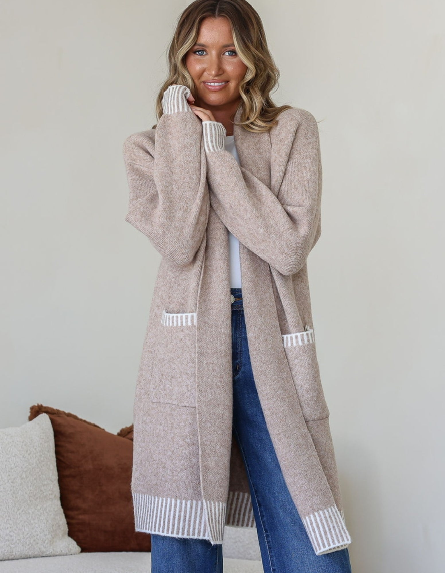 Tilly Blanket Stitch Coatigan - Warm Beige - Miss Marlow - FUDGE Gifts Home Lifestyle