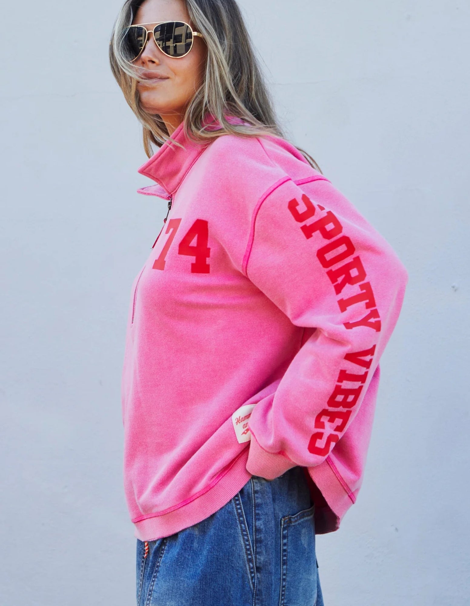 Vintage Wash Half Zip Sweat - Pink - Hammill and Co
