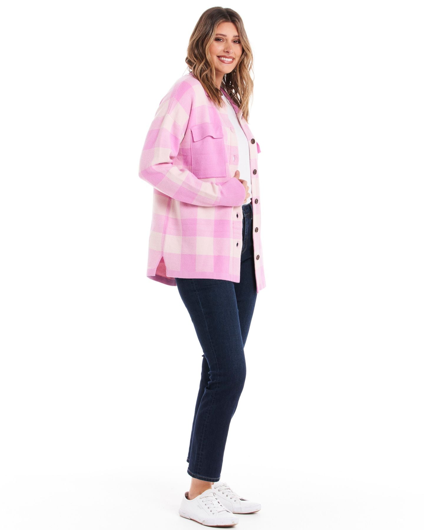 Kasey Knitted Shacket - Pink Check - Betty Basics