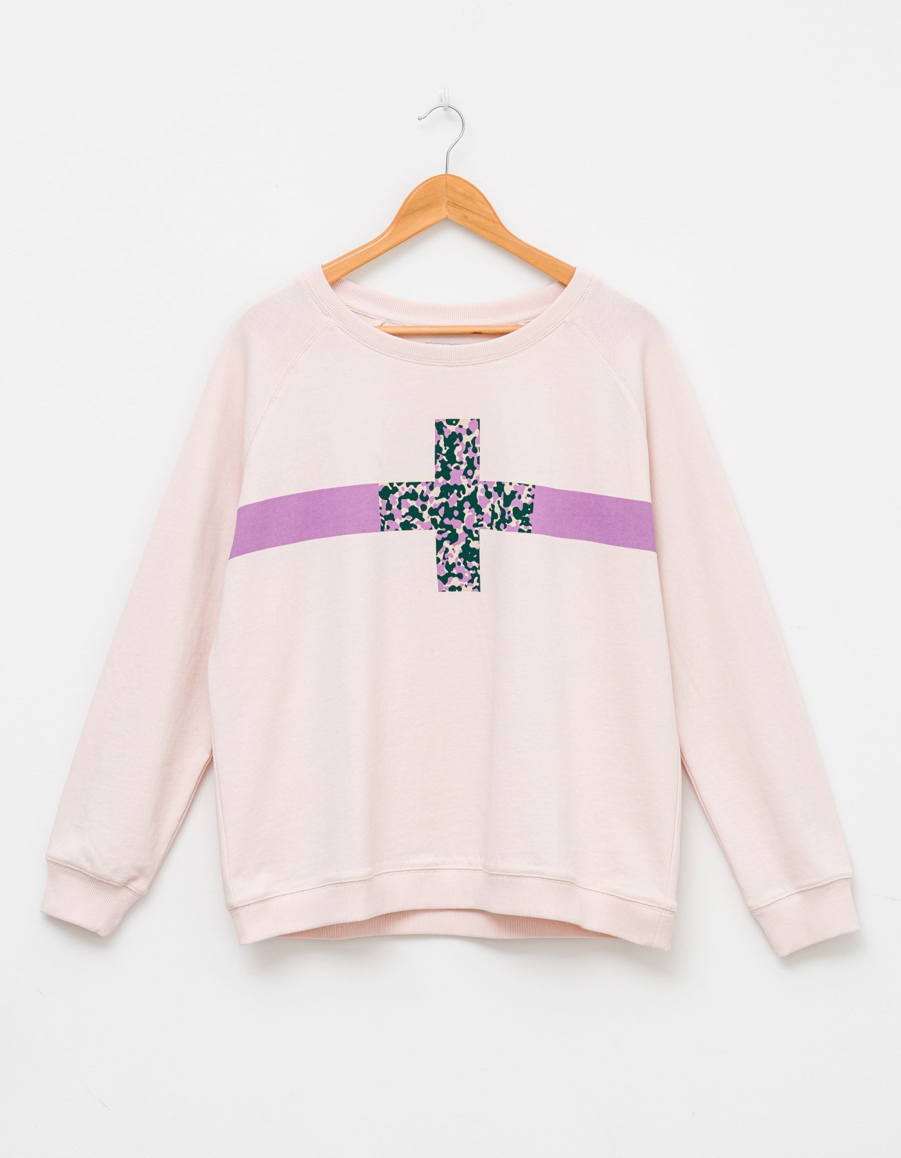 Crew Neck Girlfriend Sweater with Camo Cross & Purple Stripe - Peach - Stella + Gemma - FUDGE Gifts Home Lifestyle